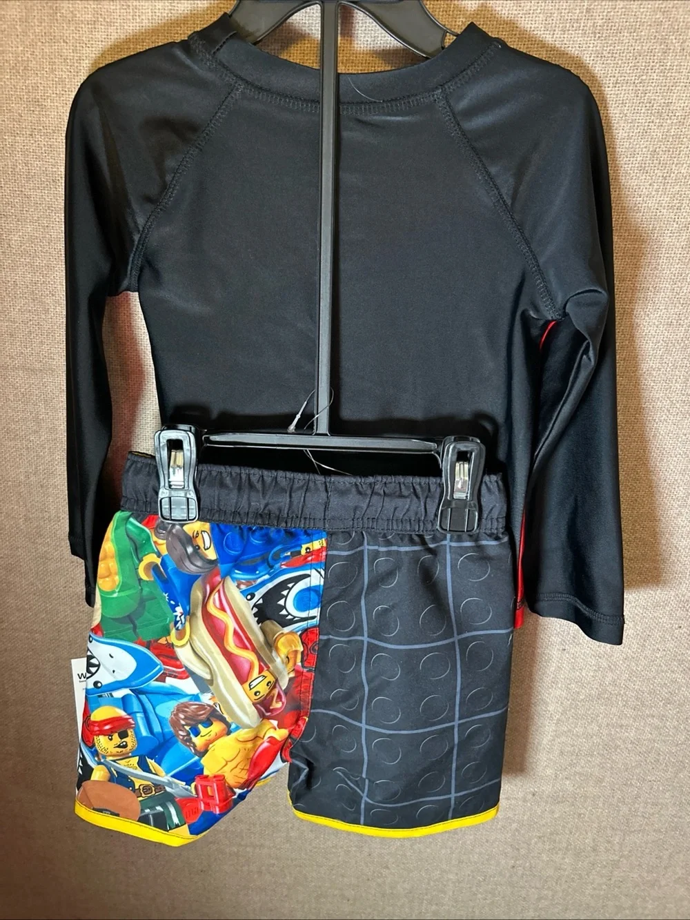 Lego Red and Black Kids' Long Sleeve Swim Rashguard with Minifigure Graphics